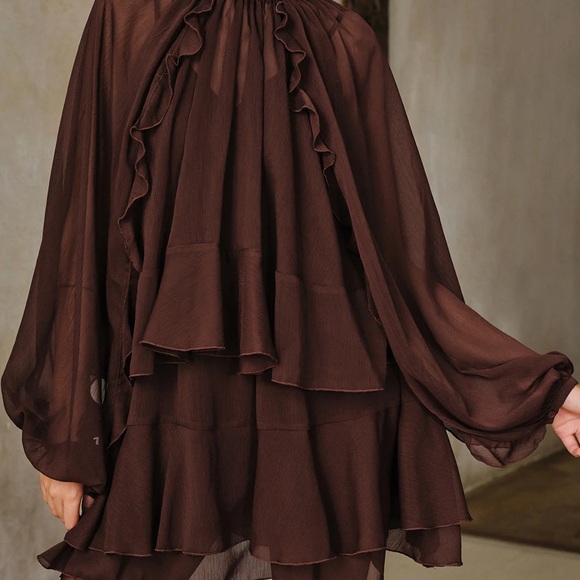 Commense Tiered Ruffle Chiffon Mini Dress Set w/Liner Dark Brown Size XS NWT $69 - Picture 4 of 6